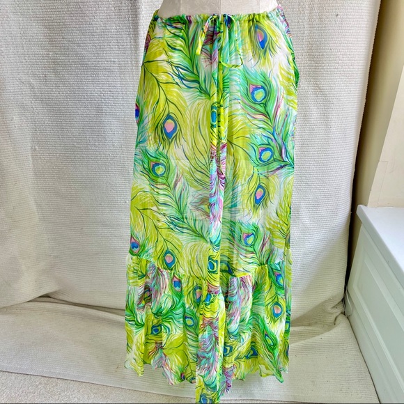 Anthro OS Silk Peacock Feather Print Skirt Dress - Picture 1 of 8